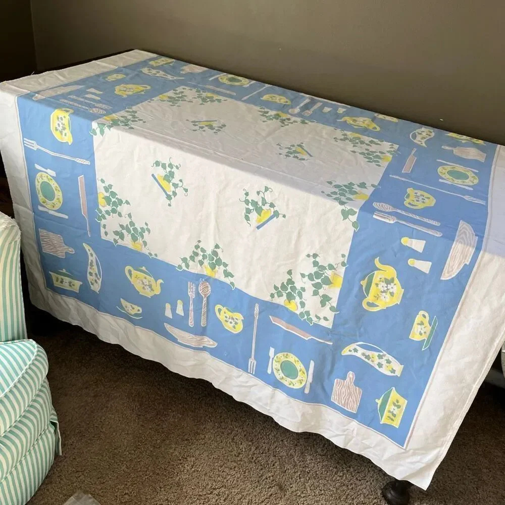 VTG Blue Yellow Kitchen Tablecloth 44x58 Teapot Ivy Border Retro MCM Cotton